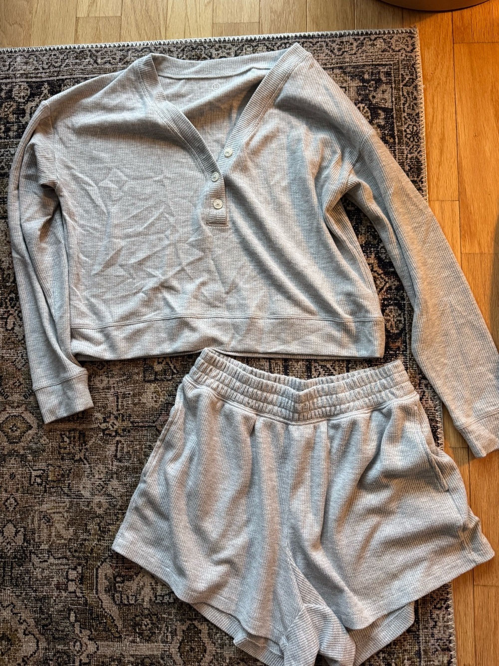 Gilly Hicks Cozy Ribbed Henley Lounge Top & Shorts Set - Light Gray